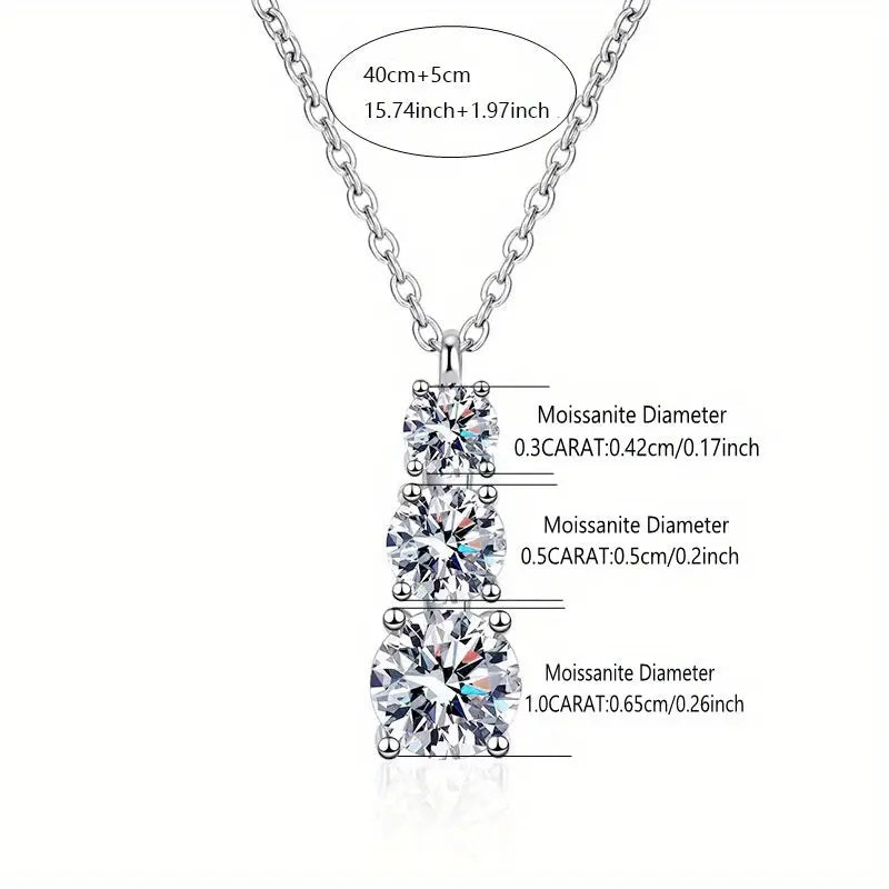 Sterling Silver 1.8 Carat Moissanite Triple-stone Pendant Necklace, Versatile High-End Fashion, Delicate Creative, Sweet Elegant, Classic Gift With Luxury Box For Her - Birthday - LuxeStreet Boutique