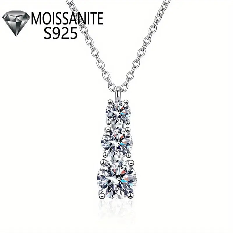 Sterling Silver 1.8 Carat Moissanite Triple-stone Pendant Necklace, Versatile High-End Fashion, Delicate Creative, Sweet Elegant, Classic Gift With Luxury Box For Her - Birthday - LuxeStreet Boutique